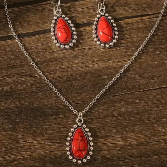 Boho Style Synthetic Red Turquoise Water Drop Pendant Necklace & Earrings Set - Picture 2 of 4
